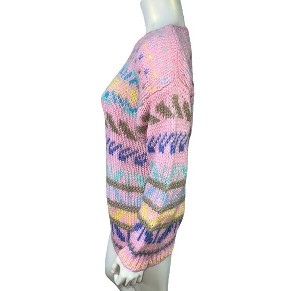 Vintage 1980s Simsbury Pastel Fair Isle Style Sweater Pink Multi Striped - Small - Picture 3 of 8